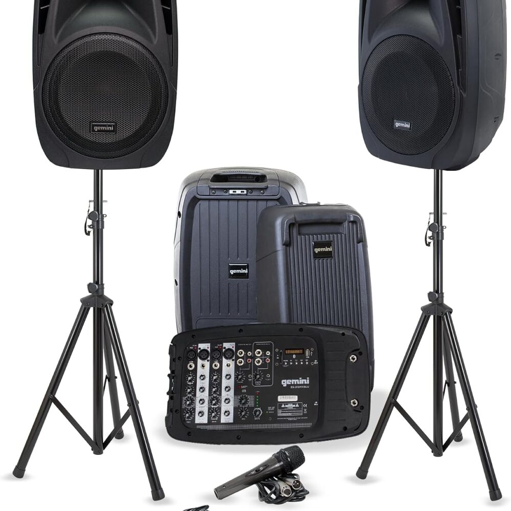 Gemini Portable PA System & Stands, Dual 10", 600 Watts (ES-210MXBLU-ST) | Dual 10" PA with tripod stands - 6-channel powered mixer, 4 mic in - Bluetooth, USB - mic included