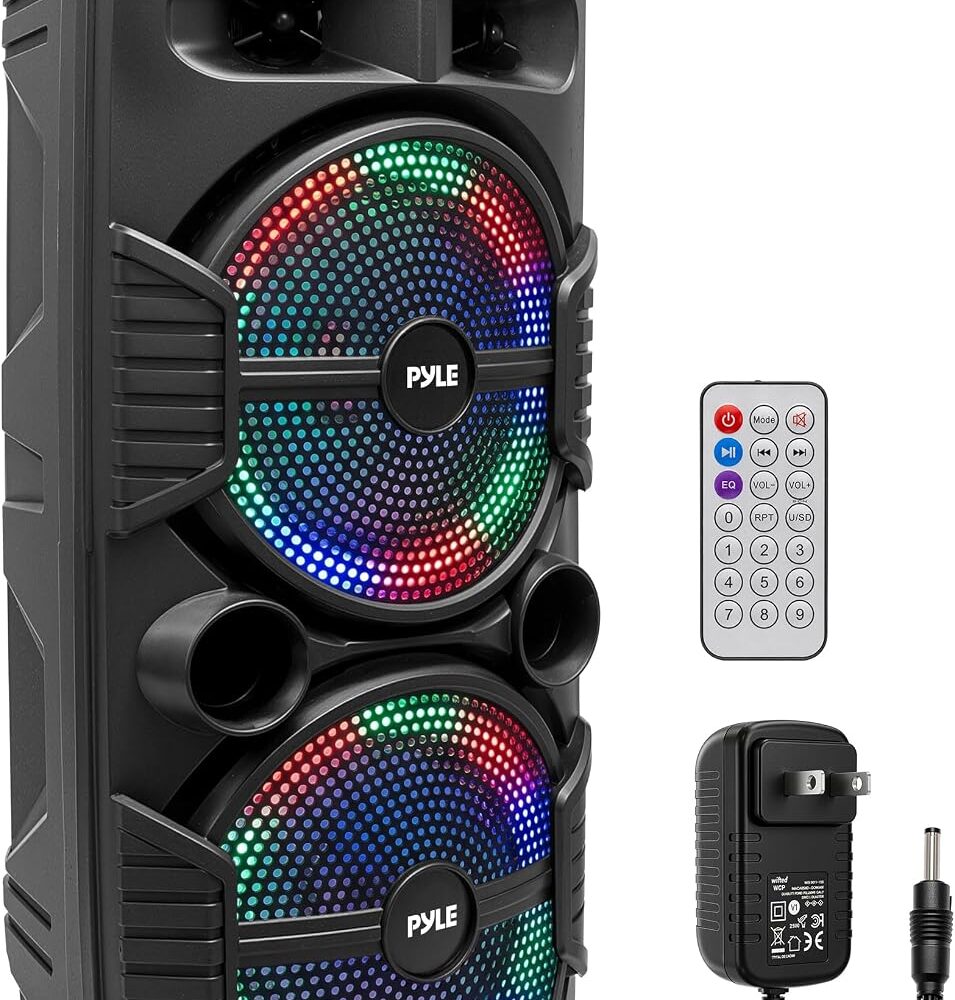 Pyle Portable Bluetooth PA Speaker System-600W Rechargeable Indoor/Outdoor Bluetooth Speaker Portable System w/Dual 8” Subwoofer 1”Tweeter, Microphone in, Party Lights, USB,Radio, Remote-PPHP2835B